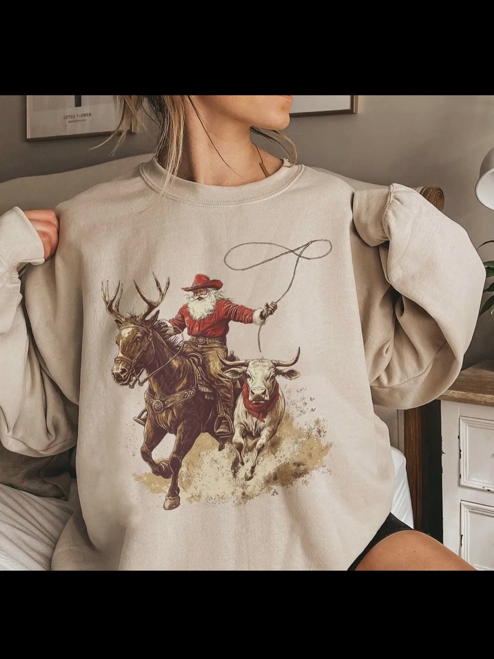 Cowboy Santa Graphic Sweatshirt - Beige